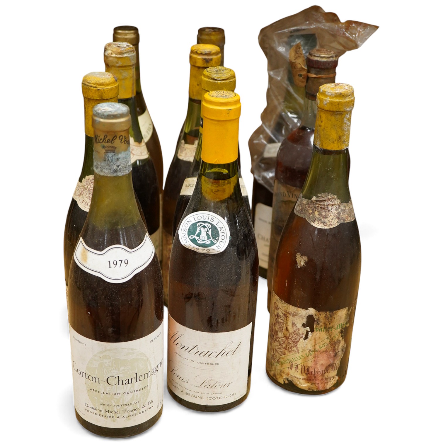 Bouchard P & F Montrachet Grand Cru, 1985, one bottle, Chevalier-Montrachet Lebegue Bichot et Cie, 1962, three bottles, Corton-Charlemagne, 1978 and 1979, Joseph Drouhin Montrachet 1971, Château Carbonnieux Grand Vin de
